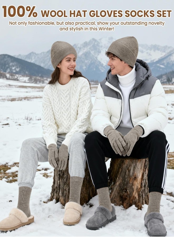 Croloose 3 Pcs 100% Wool Winter Hat Gloves Socks Set for Women Men Thermal Knit Beanie Wool Touchscreen Gloves Warm Socks Winter Warmer Accessories Christmas Gifts for Cold Weather Outdoor Sports - Image 2